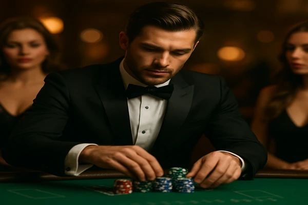 একজন নারী ল্যাপটপে অনলাইন গেম উপভোগ করছেন; চারপাশে জ্বলজ্বল করা ক্যাসিনো পরিবেশটি যেন স্পষ্টভাবে উঠে এসেছে